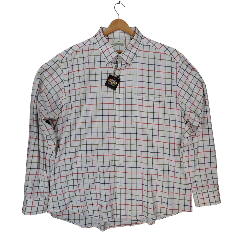 Southern Pines Button Down Mens XXL White Excellent Plaid‎ Shirt